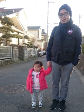 「HIGHLAND2000のアイテム（ニットキャップ/ビーニー、パープル系）」を使った、けんじなおパパさん（メンズ・167cm）の冬コーディネート