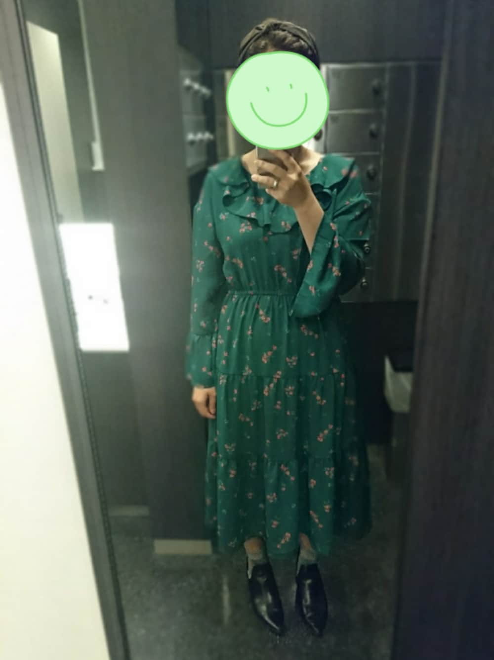 「グリーン、ワンピース、PAGEBOY、AngeBloom、ZARA、GINGER、付録、ラメソックス」｜「Ange Bloomのフェイクスエード　ターバンカチューシャ（カチューシャ、ブラウン系）」を使った、ackeyさん（レディース・158cm）の春コーディネートの1枚目の写真