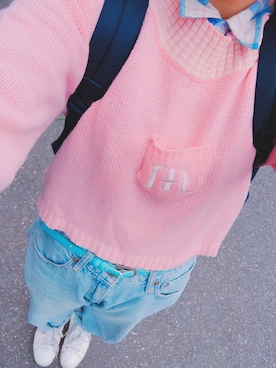 「3びきの子ねこのアイテム（デニムパンツ、ブルー系）」を使った、acoさん（レディース・160cm）の春コーディネート