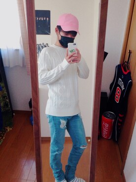 「no brand（ノーブランド）のアイテム（キャップ、ピンク系）」を使った、日耀さん（メンズ・170cm）の春コーディネート