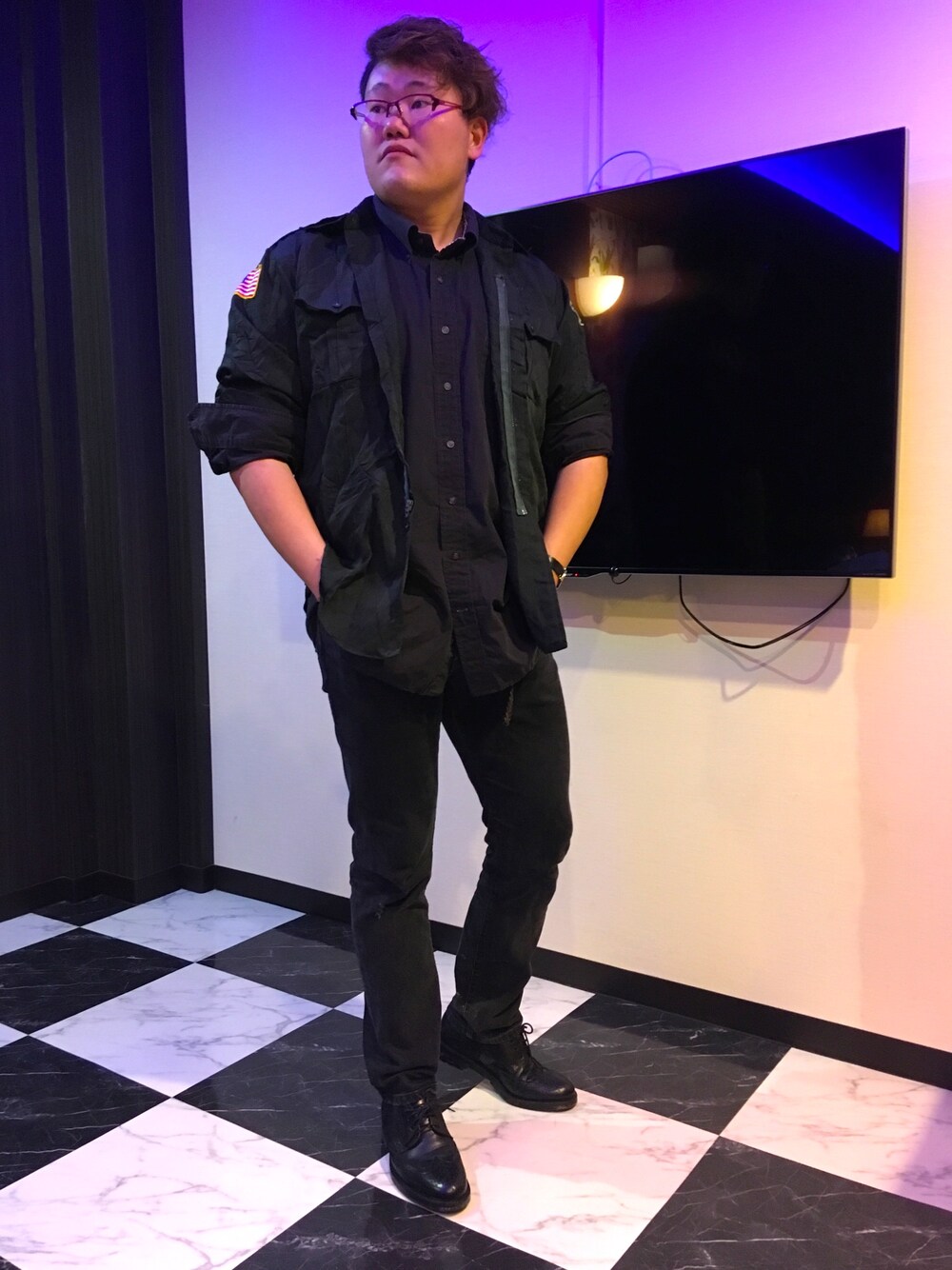「古着、エドウィン、メガネ男子、ミリタリー、かわぐつ、ボエモス」｜「古着のアイテム（ジャケット/アウター、グリーン系）」を使った、ダンボー@さん（メンズ・182cm）の秋コーディネートの1枚目の写真