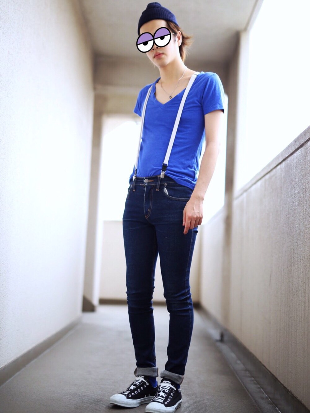 「VONN、コンバース、スキニーデニム、青、cheap monday、JEANASiS、old navy、used」｜「JEANASISのニットキャップ/556059（ニットキャップ/ビーニー、ブルー系）」を使った、がんきちさん（メンズ・175cm）の夏コーディネートの1枚目の写真