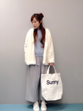 「サックスブルー」｜「アイテム（ノーカラージャケット）」を使った、ya:maさん（レディース・160cm）の冬コーディネート