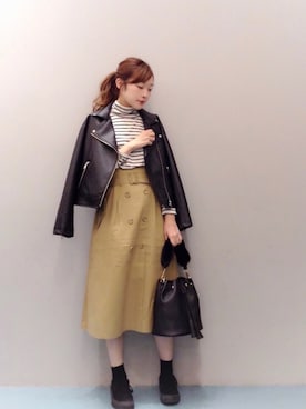 「トレンチスカート」｜「アイテム（ライダースジャケット）」を使った、ya:maさん（レディース・160cm）の秋コーディネート