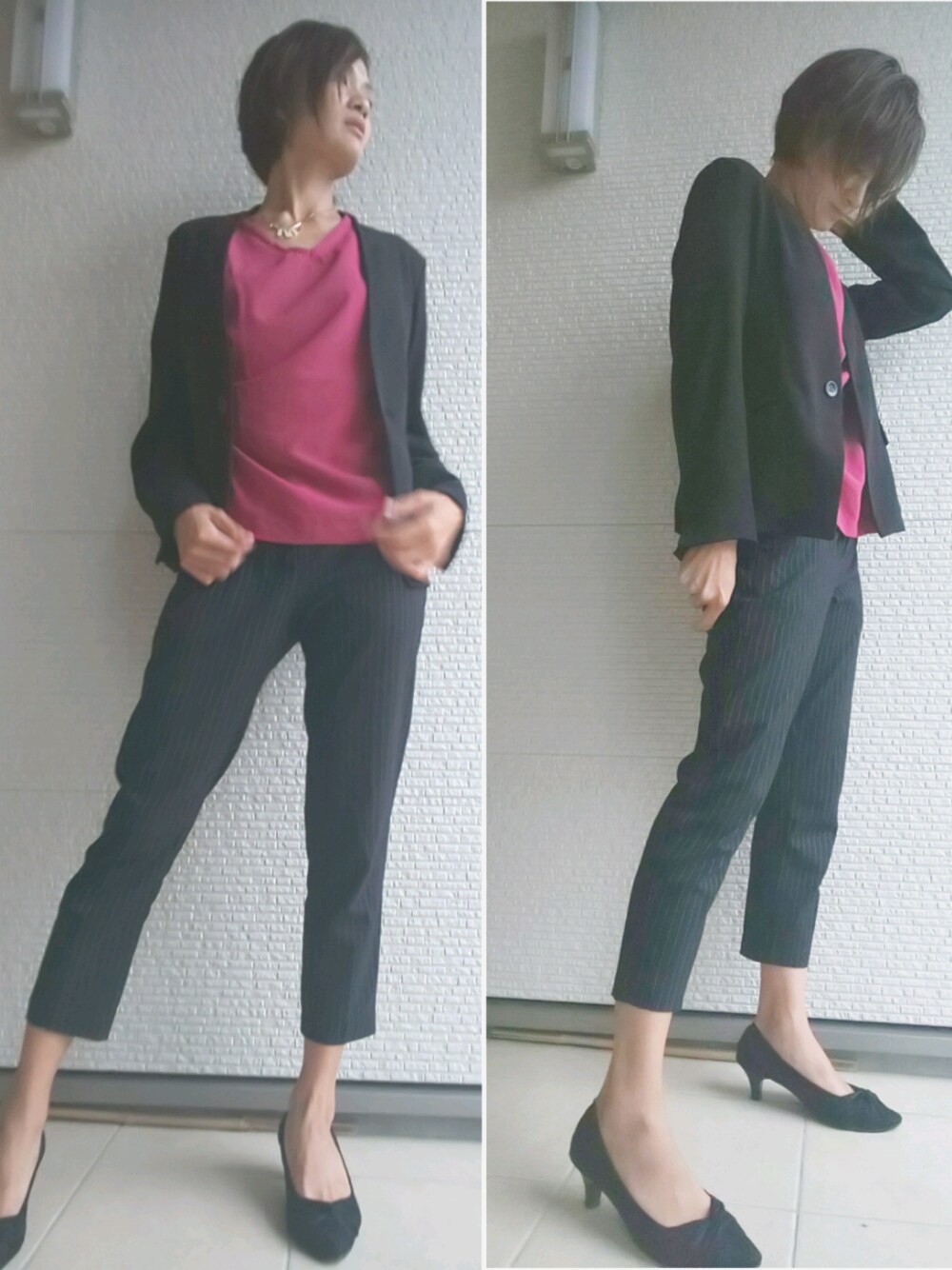「大足、26cm、ノーカラージャケット」｜「ROPE' PICNICの【セットアップ対応】ノーカラーコンパクトジャケット（ノーカラージャケット、ブラック系）」を使った、yu*さん（レディース・170cm）の秋コーディネートの1枚目の写真