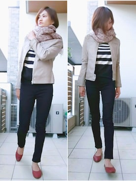 「ボーダーニット」｜「アイテム（ライダースジャケット）」を使った、yu*さん（レディース・170cm）の秋コーディネート