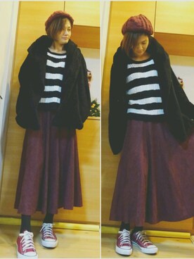 yu*さんの「スエードフレアロングスカート/タフタスカート」を使ったコーディネート