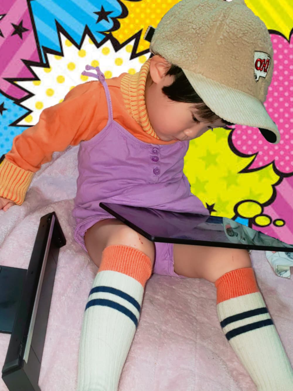 「韓国子供服、オレンジ、ラベンダー、サロペット、ボアキャップ、ハイネック、ラインソックス、部屋撮り」｜「スキップランドのアイテム（トップス、オレンジ系）」を使った、ARUさん（キッズ・90cm）の秋コーディネートの1枚目の写真