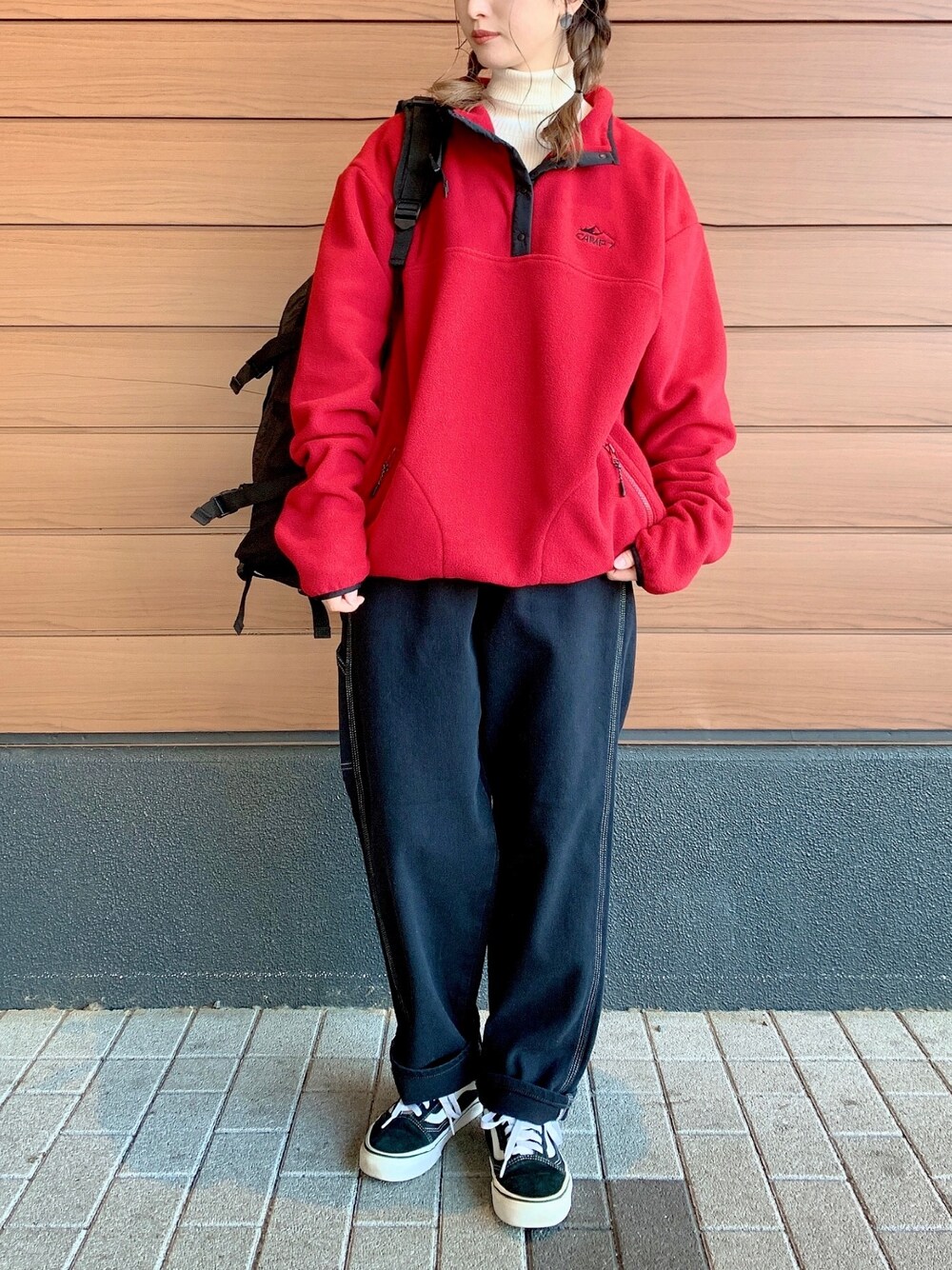 「ライトオン、ライトオン(Right-on)、Right-on、righton、right_on_pr、righton_pr、CAMP7、フリース、LEE、ペインターパンツ」｜「CAMP7の【CAMP7】スナップフリーストレーナー（ブルゾン、レッド系）」を使った、lisaaa0111さん（レディース・158cm）の秋コーディネートの1枚目の写真