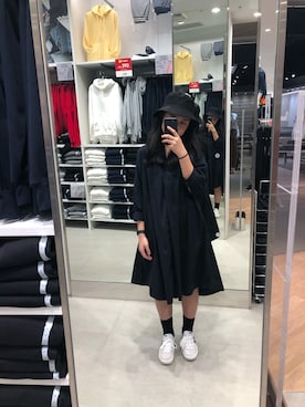 「GU（ジーユー）のアイテム（シャツワンピース、ブルー系）」を使った、Panさん（レディース・160cm）の夏コーディネート