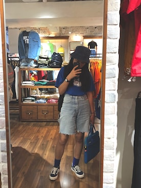 「星期一古著のアイテム（Tシャツ/カットソー、ブルー系）」を使った、Panさん（レディース・160cm）の夏コーディネート