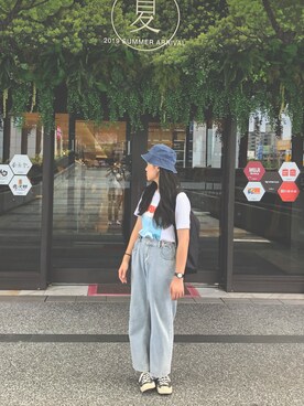 「GU（ジーユー）のアイテム（Tシャツ/カットソー、ホワイト系）」を使った、Panさん（レディース・160cm）の夏コーディネート