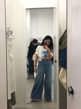 「GU（ジーユー）のアイテム（Tシャツ/カットソー、ホワイト系）」を使った、Panさん（レディース・160cm）の春コーディネート