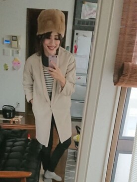 「ユニクロU」｜「アイテム（ノーカラージャケット）」を使った、かんた&よっぴさん（レディース・158cm）の冬コーディネート