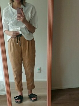 「no brand（ノーブランド）のアイテム（パンツ、オレンジ系）」を使った、かんた&よっぴさん（レディース・158cm）の夏コーディネート