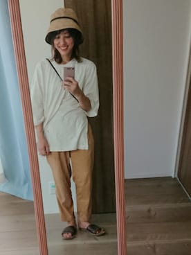 「no brand（ノーブランド）のアイテム（サンダル、ブラウン系）」を使った、かんた&よっぴさん（レディース・158cm）の夏コーディネート