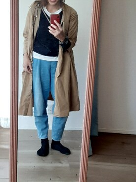 「no brand（ノーブランド）のアイテム（Tシャツ/カットソー、ブラック系）」を使った、かんた&よっぴさん（レディース・158cm）の春コーディネート