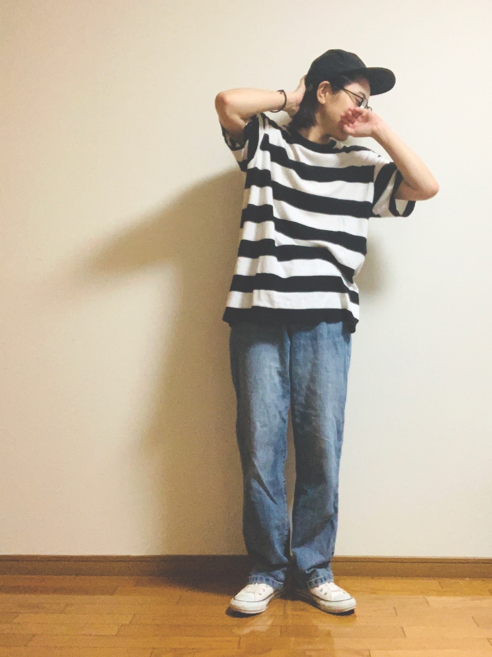 「メンズライク、ラクチンコーデ、スニーカー、キャップ、おしゃれさんと繋がりたい、シンプル」｜「GOODENOUGHのアイテム（Tシャツ/カットソー、その他）」を使った、rimajiさん（レディース・162cm）の夏コーディネートの1枚目の写真