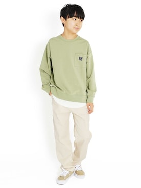 「GLAZOS（グラソス）のシルケットミニ裏毛・ドロップショルダーレイヤードトレーナー（スウェット）」を使った、GLAZOSさん（キッズ・149cm）の冬コーディネート