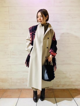 「Joshua Ellis（ジョシュアエリス）の一部別注＜Joshua Ellis（ジョシュア エリス）＞BLACKWATCH ストール†◆（ストール/ショール）」を使った、阿久津　巴さん（レディース・154cm）の秋コーディネート