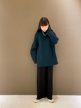 「FREAK'S STORE（フリークスストア）のフィッシャーマンニットプルオーバー（ニット/セーター、グリーン系）」を使った、REIさん（レディース・161cm）の冬コーディネート