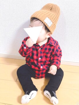 「アイテム（ロンパース、レッド系）」を使った、hi-mamaさん（キッズ・70cm）の冬コーディネート