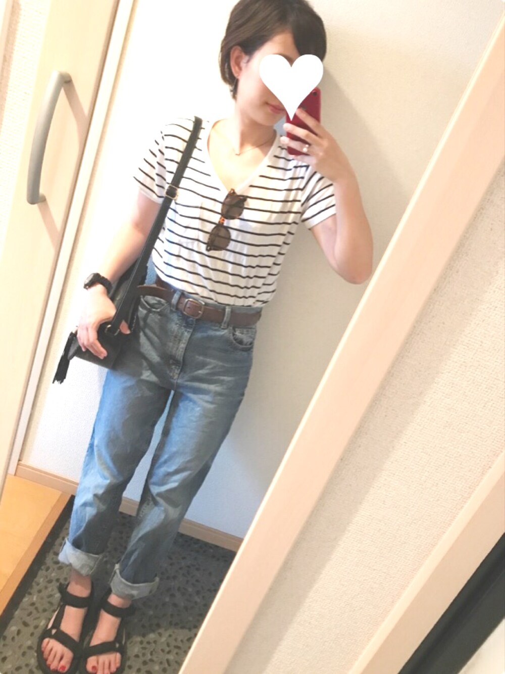 「カジュアルコーデ、summer、休日スタイル、プチプラ、teva、ショートヘア」｜「AMERICAN HOLICの・6月誕生石カラーネックレス&ノンホールピアス（アクセサリー、ホワイト系）」を使った、y.mさん（レディース・159cm）の夏コーディネートの1枚目の写真