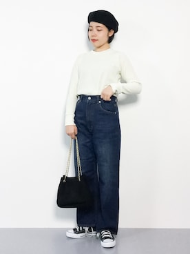 「ムートン」｜「アイテム（ハンチング/ベレー帽）」を使った、 おかきさん（レディース・155cm）の冬コーディネート