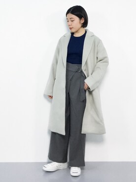 「クルーネック」｜「アイテム（チェスターコート）」を使った、 おかきさん（レディース・155cm）の冬コーディネート