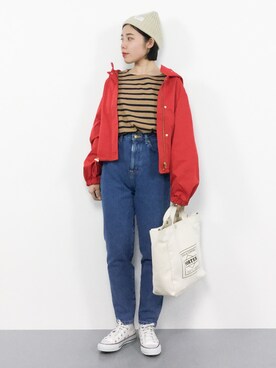「フードコート」｜「アイテム（マウンテンパーカー）」を使った、 おかきさん（レディース・155cm）の冬コーディネート