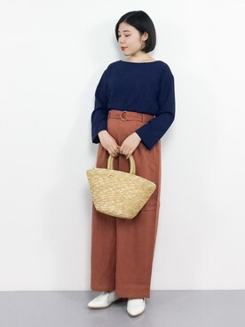 「SEVENDAYS=SUNDAY（セブンデイズサンデイ）の【mina5月号掲載】リネンブレンドDカンワイドパンツ（その他パンツ）」を使った、 おかきさん（レディース・155cm）の春コーディネート