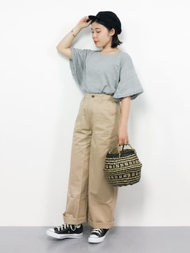 「Casselini（キャセリーニ）のアイテム（かごバッグ）」を使った、 おかきさん（レディース・155cm）の夏コーディネート