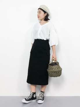 「Casselini（キャセリーニ）のアイテム（かごバッグ）」を使った、 おかきさん（レディース・155cm）の夏コーディネート