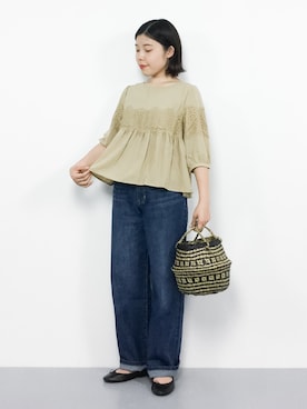 「Casselini（キャセリーニ）のアイテム（かごバッグ）」を使った、 おかきさん（レディース・155cm）の春コーディネート