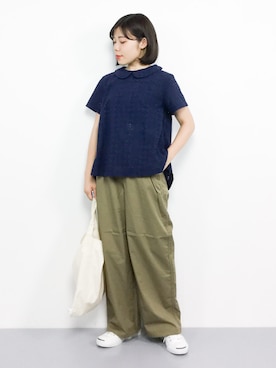 「カーキ」｜ おかきさん（レディース・155cm）の夏コーディネート