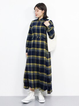「フランネルシャツ」｜「アイテム（ワンピース/ドレス）」を使った、 おかきさん（レディース・155cm）の秋コーディネート