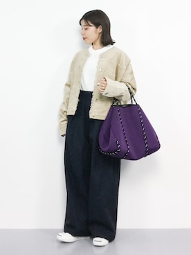 「ワッフル」｜「アイテム（ノーカラージャケット）」を使った、 おかきさん（レディース・155cm）の秋コーディネート