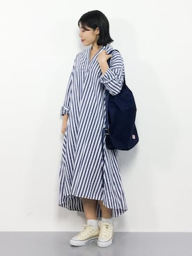 「ノーカラーシャツ」｜「アイテム（シャツワンピース）」を使った、 おかきさん（レディース・155cm）の秋コーディネート