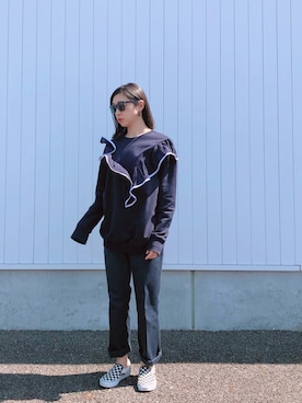 「VANS（バンズ）の【ユニセックスサイズ】VANS / Classic Slip-On (CHECKER FLAG)（スリッポン）」を使った、Mitsukoさん（レディース・156cm）の春コーディネート