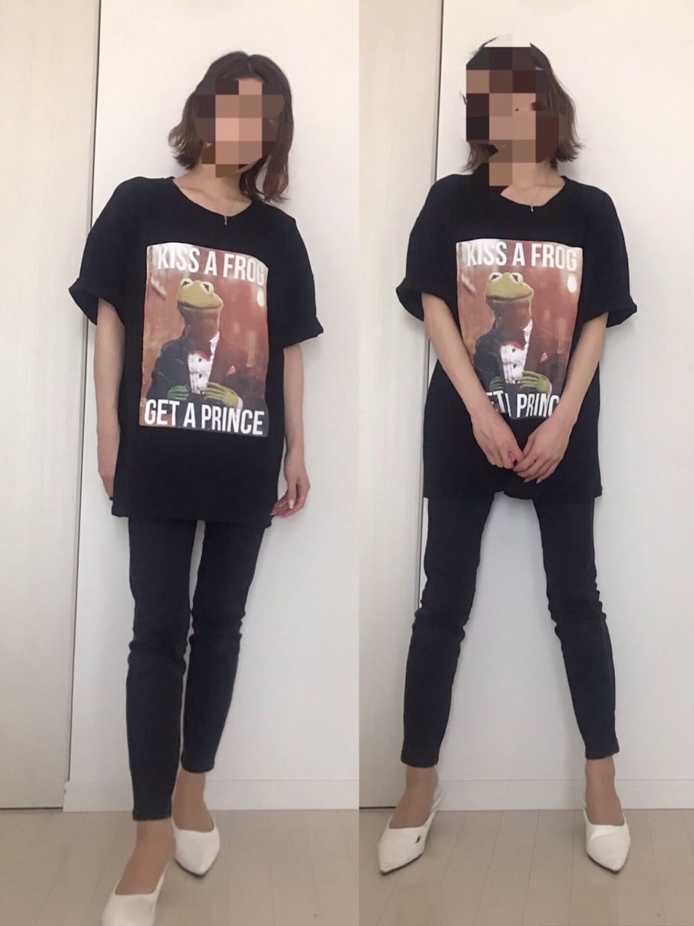 ブラック系のTシャツ/カットソー、ブラック系のデニムパンツ、ホワイト系のサンダルを着用したレディースの春コーディネートの1枚目の写真
