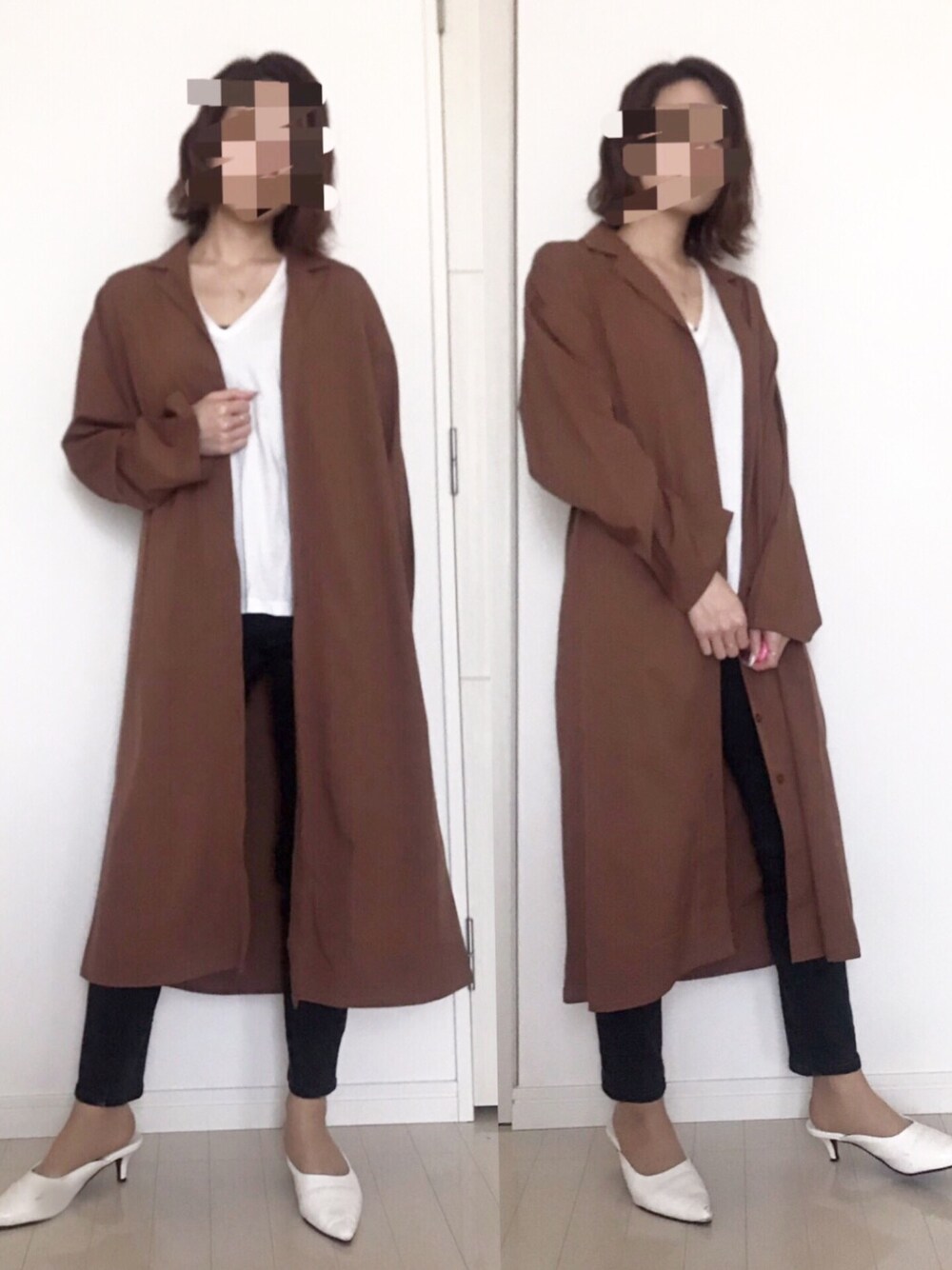 ブラウン系のシャツ/ブラウス、ホワイト系のサンダル、ブラック系のデニムパンツを着用したレディースの春コーディネートの1枚目の写真