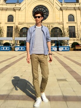 「UNIQLO（ユニクロ）のアイテム（トップス、ホワイト系）」を使った、johnsonさん（メンズ）の夏コーディネート