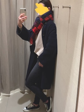 「ネイビーコーデ」｜「アイテム（ノーカラーコート）」を使った、nishiさん（レディース・162cm）の冬コーディネート