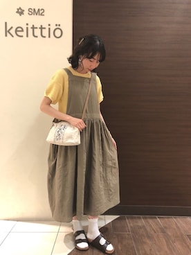 「Samansa Mos2（サマンサ モスモス）のオーバーレースエプロンワンピース（ワンピース）」を使った、Sa*さん（レディース・157cm）の夏コーディネート