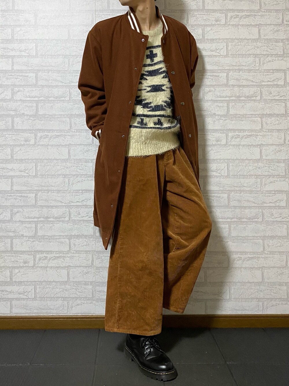 「新年一発目、あけましておめでとうございます！、低身長コーデ、ootd、2021年、あったかコーデ、ブラウンコーデ、今年もよろしくお願いします、大学生、ブラウン」｜「ZIP FIVEの撥水加工ウールロングスタジャン（スタジャン、ブラウン系）」を使った、ERAさん（メンズ・165cm）の冬コーディネートの1枚目の写真