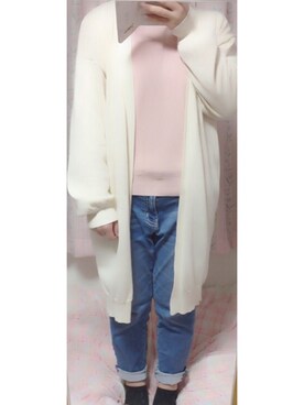 「GU（ジーユー）のアイテム（ニット/セーター、ピンク系）」を使った、ちょこめろさん（レディース・150cm）の春コーディネート