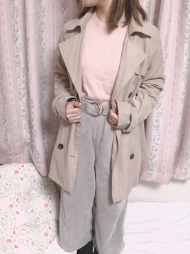 「GU（ジーユー）のアイテム（ニット/セーター、ピンク系）」を使った、ちょこめろさん（レディース・150cm）の春コーディネート