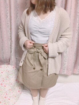 「w closet（ダブルクローゼット）のレース付き7分袖インナー（Tシャツ/カットソー、ホワイト系）」を使った、ちょこめろさん（レディース・150cm）の春コーディネート