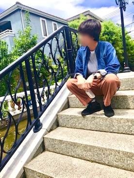 「ボーダーTシャツ」｜「アイテム（ノーカラージャケット）」を使った、じいさん（メンズ・172cm）の春コーディネート