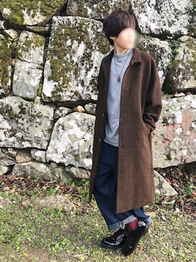「靴下チラ見せ」｜「アイテム（ステンカラーコート）」を使った、じいさん（メンズ・172cm）の冬コーディネート